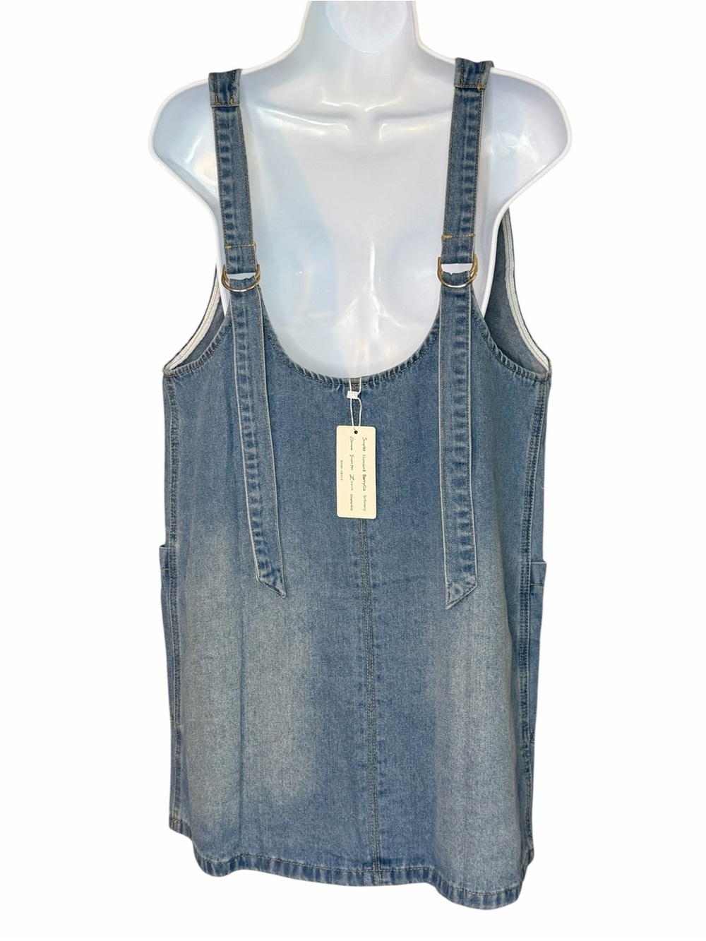 NWT Glamaker Denim Pinafore Mini Dress Adjustable Straps Patch Pockets Medium - Picture 3 of 6